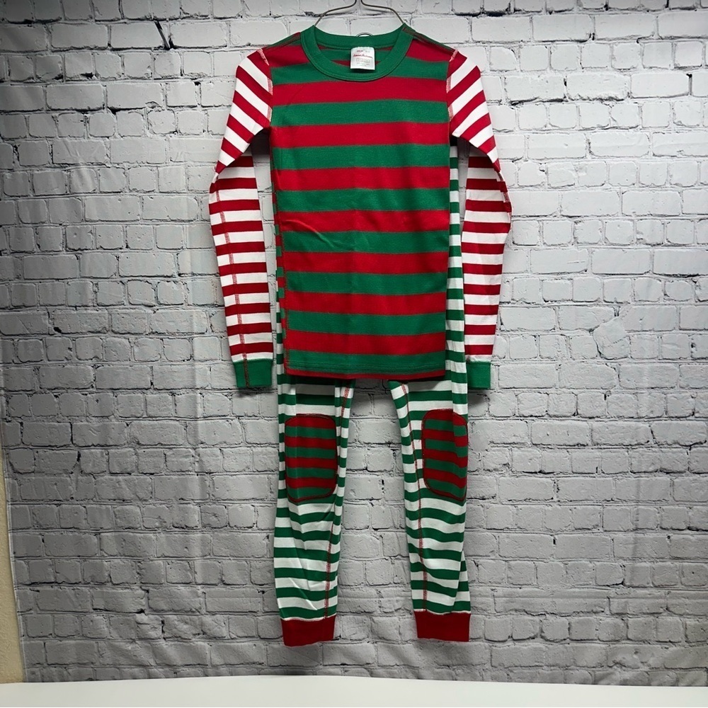 Hanna Andersson Festive Green and Red striped pajamas se sz 12